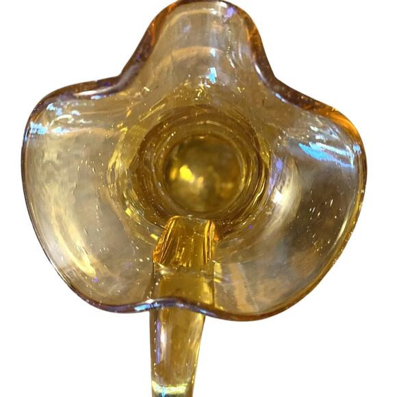 Vintage Amber Crackle Glass Ruffle Top Handled Pitcher Vase Hand-blown MCM - Picture 3 of 6